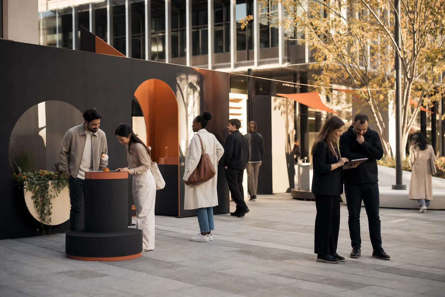 Personas interactuando con una activación de marca en una plaza urbana de Ontario