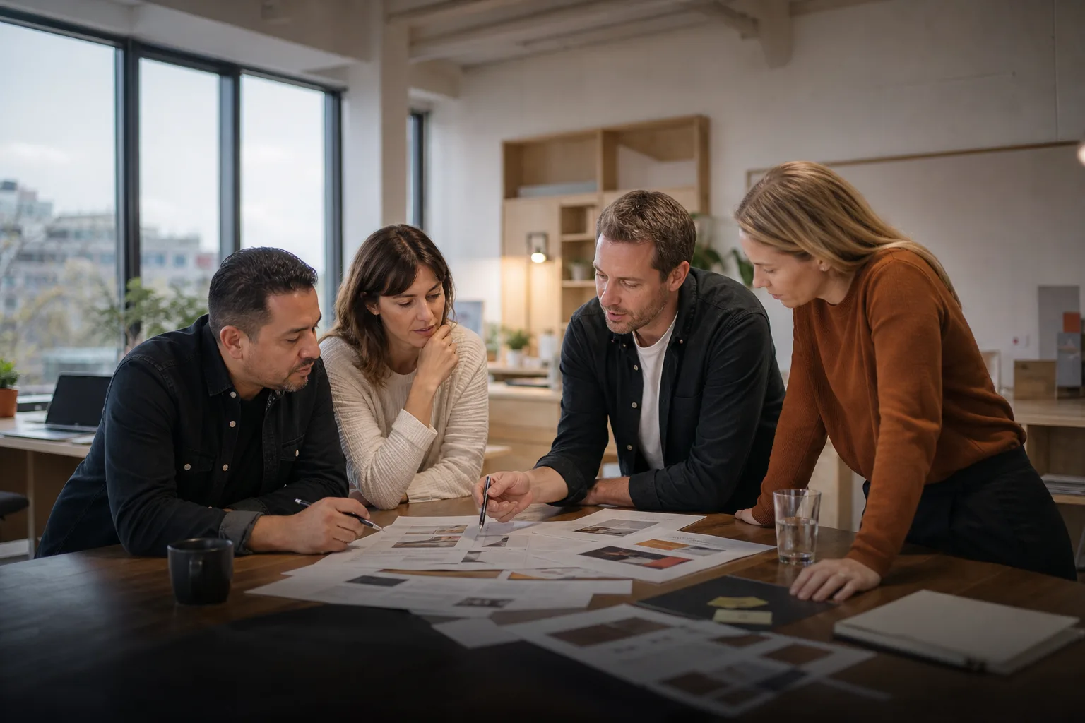 Equipo diverso colaborando alrededor de una mesa de estrategia en un estudio canadiense